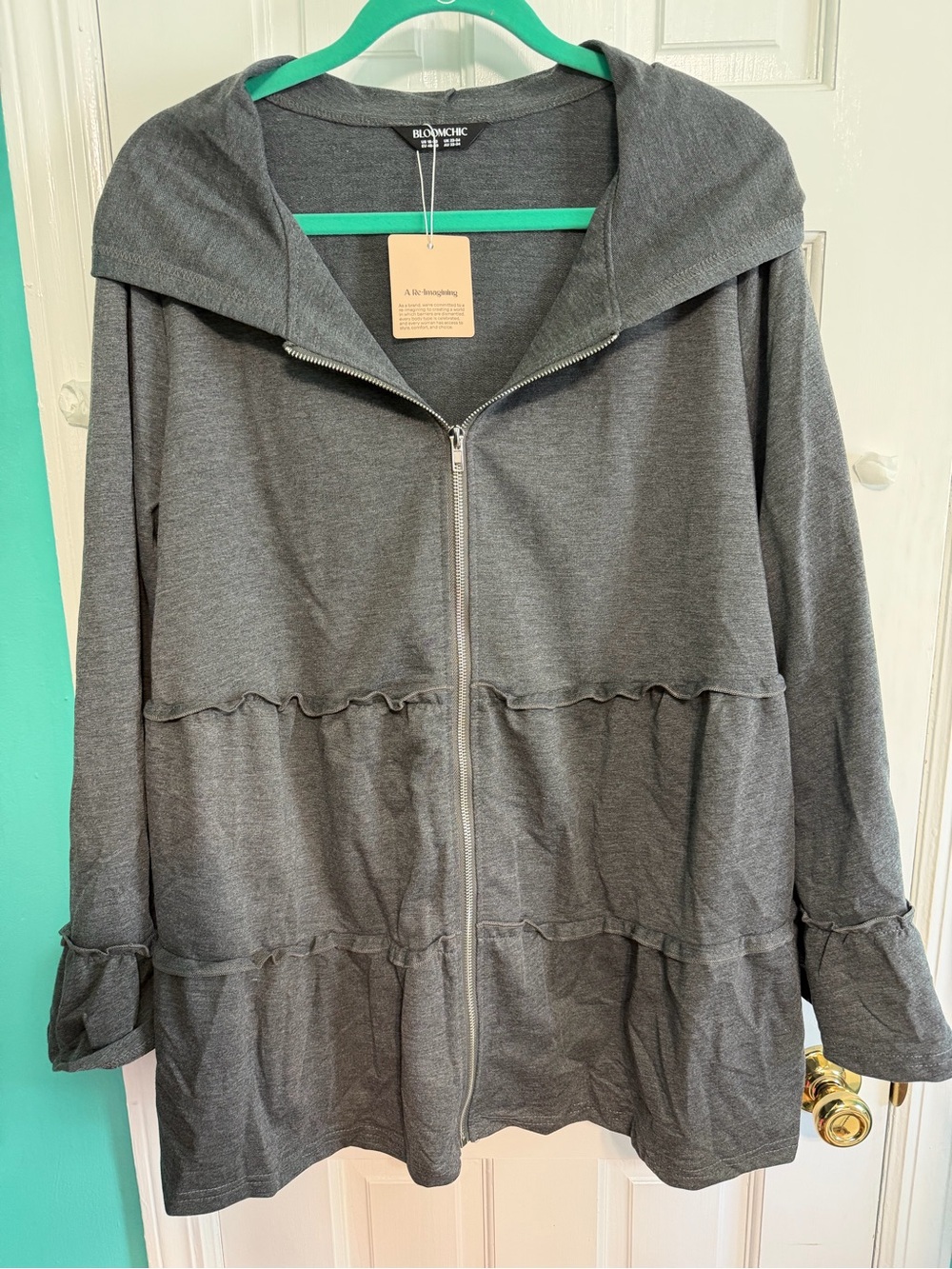 BloomChic Grey Tiered Ruffled Zip Hoodie Jacket Gray Plus Size 2X NWT, $25